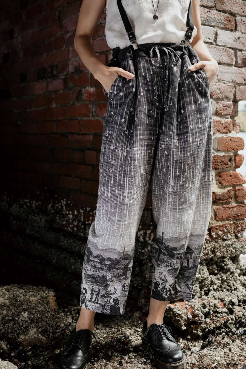 Stargazer Boho Linen Falling Star Print Cropped Artist Pants
