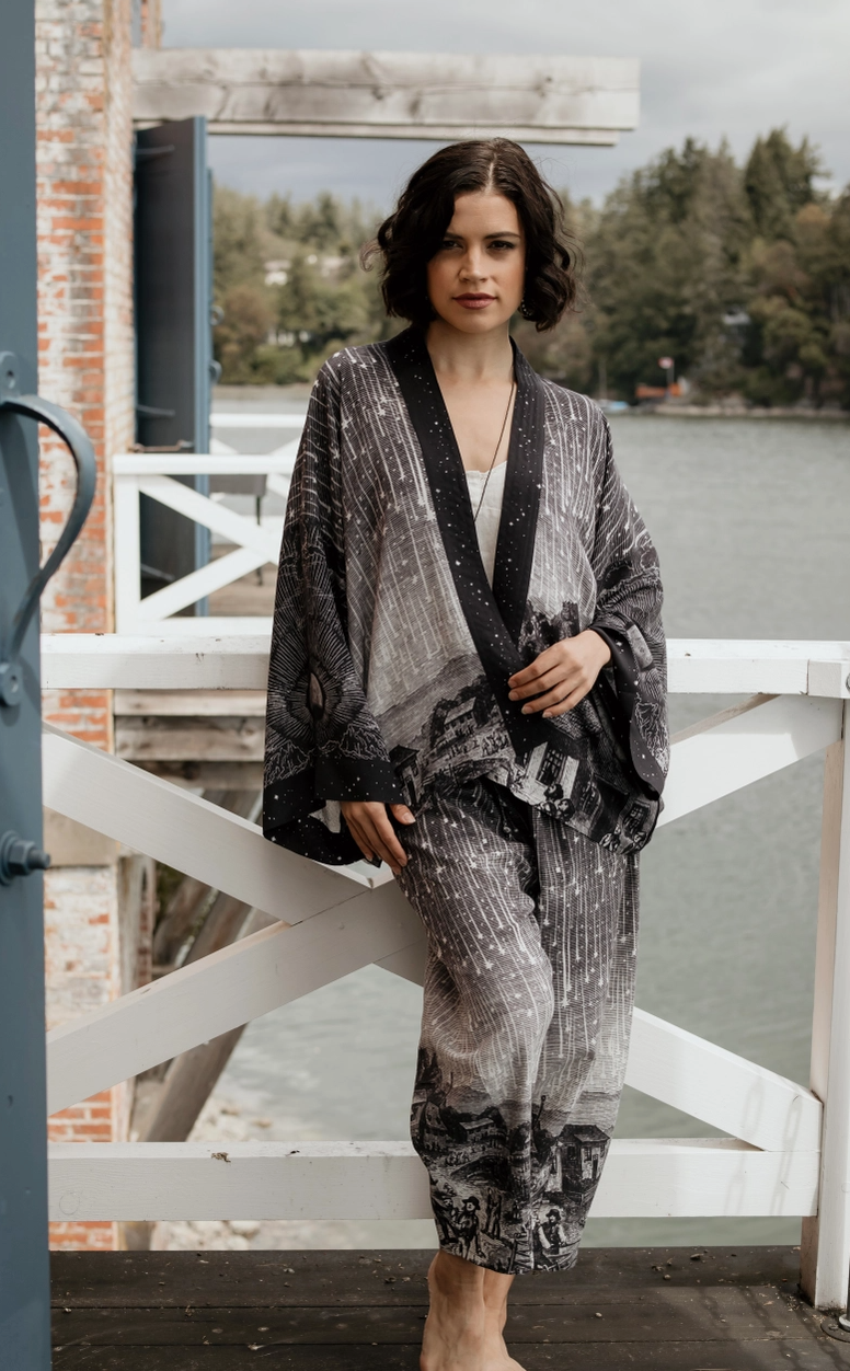 Stargazer Boho Linen Falling Star Print Cropped Artist Pants
