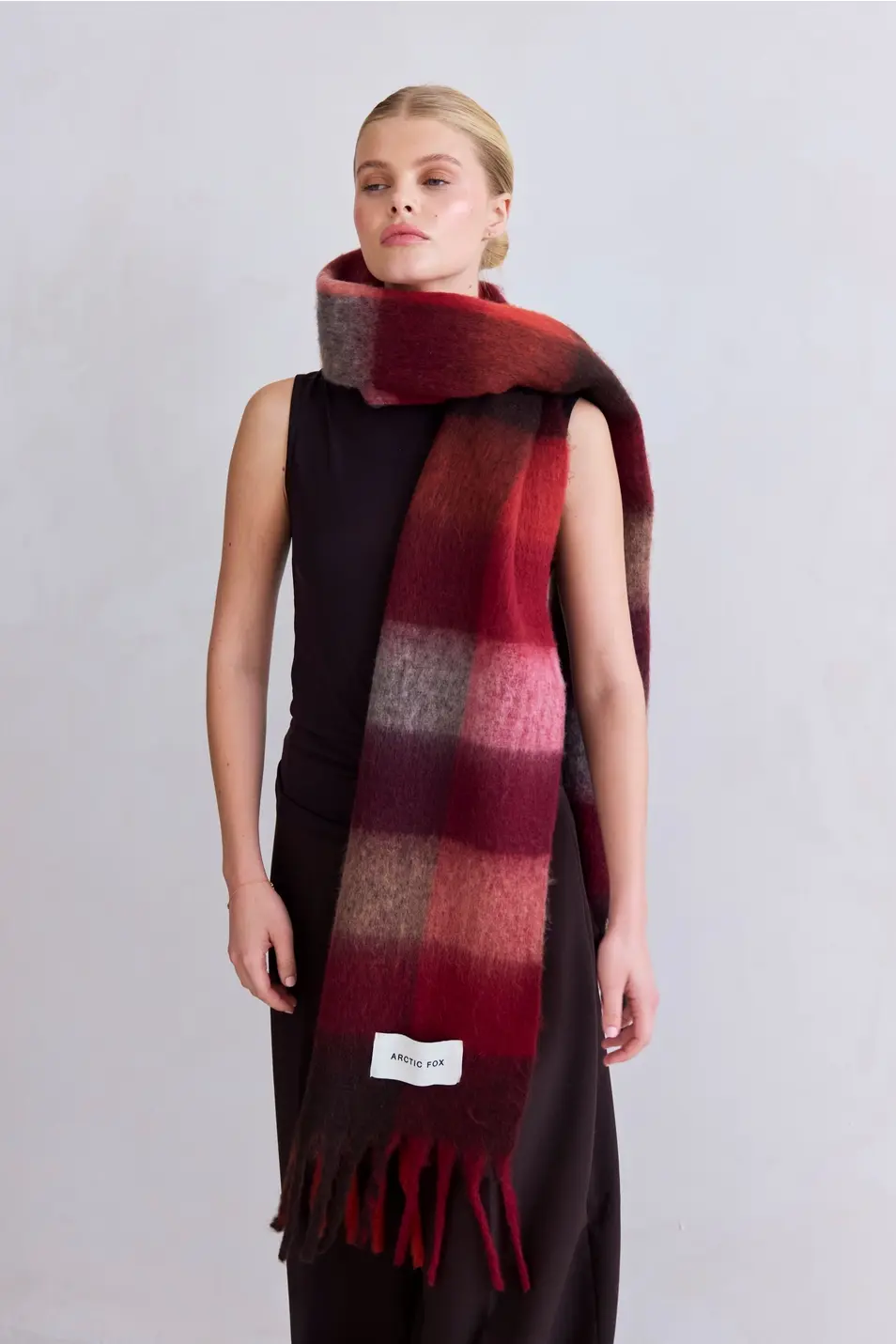 The Reykjavik Scarf - 100% Recycled - Burgundy check RJKSCFCRE007