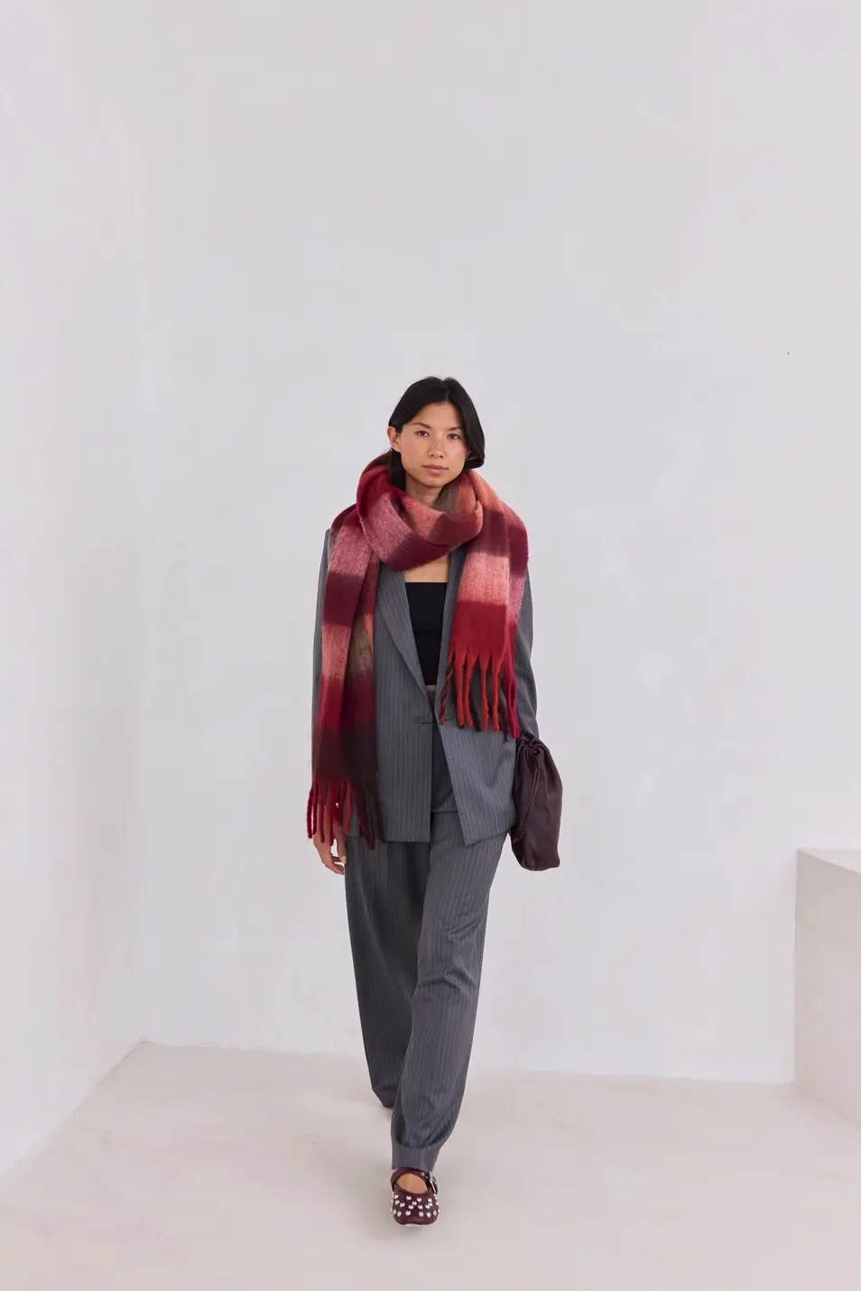 The Reykjavik Scarf - 100% Recycled - Burgundy check RJKSCFCRE007
