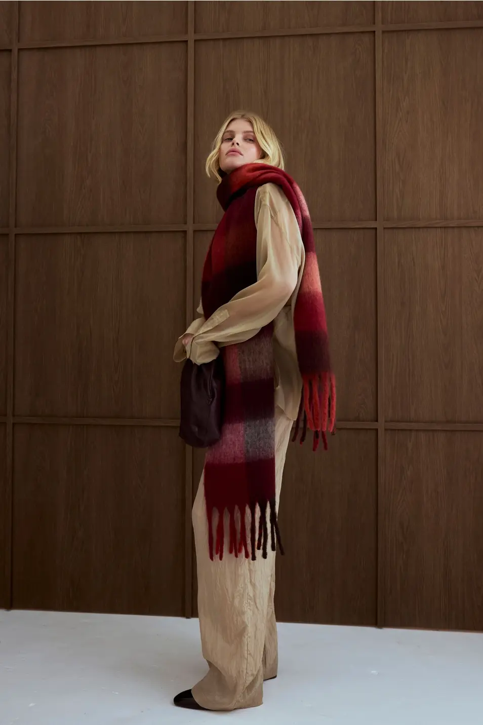 The Reykjavik Scarf - 100% Recycled - Burgundy check RJKSCFCRE007