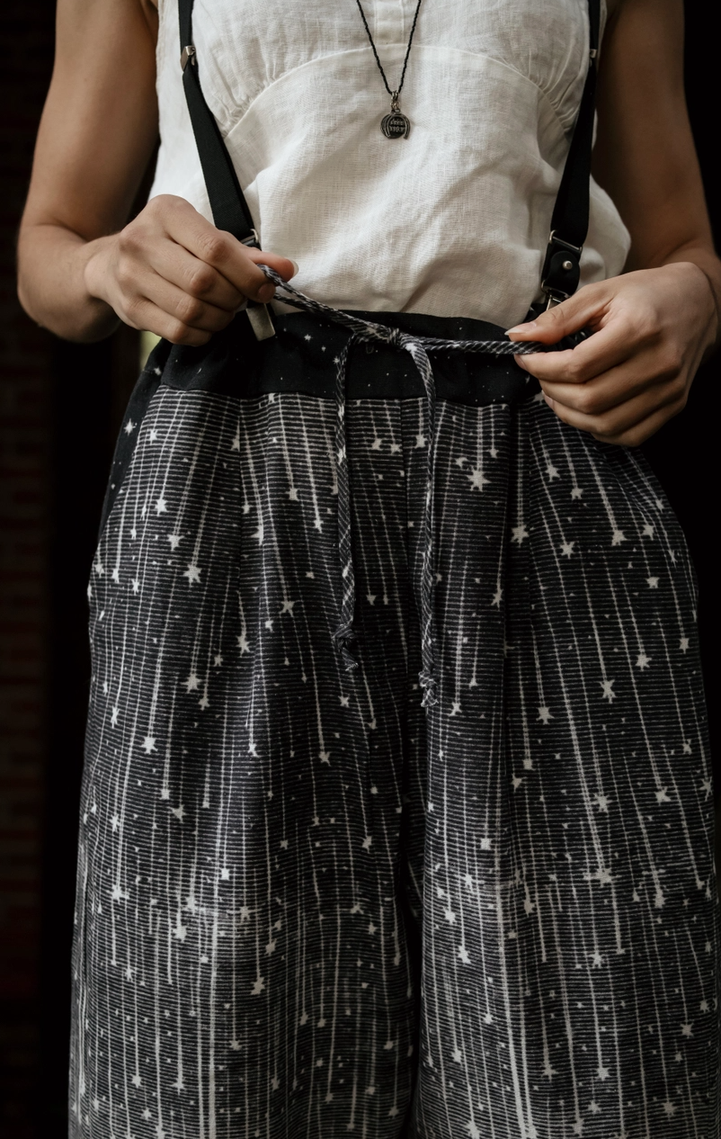 Stargazer Boho Linen Falling Star Print Cropped Artist Pants