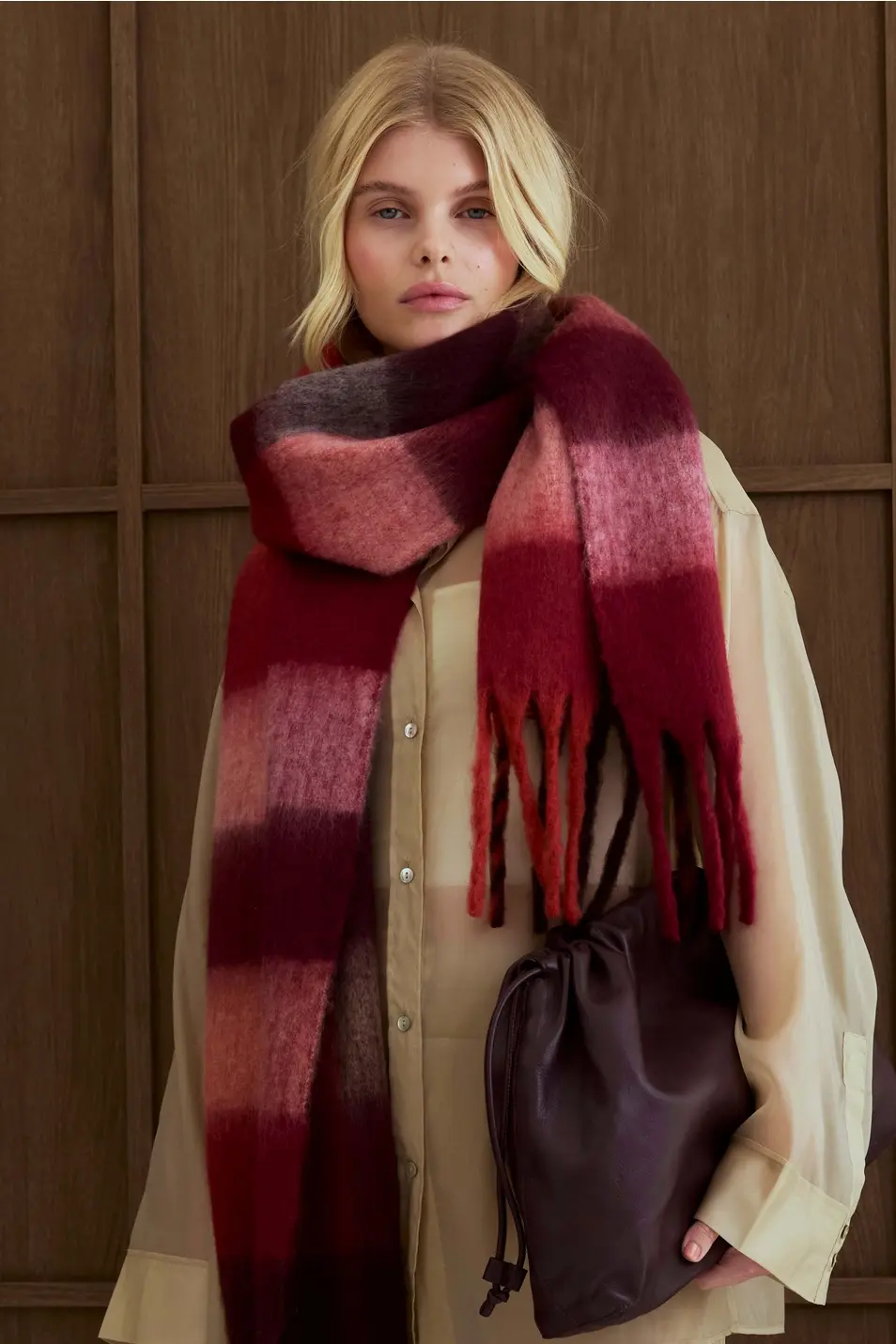 The Reykjavik Scarf - 100% Recycled - Burgundy check RJKSCFCRE007