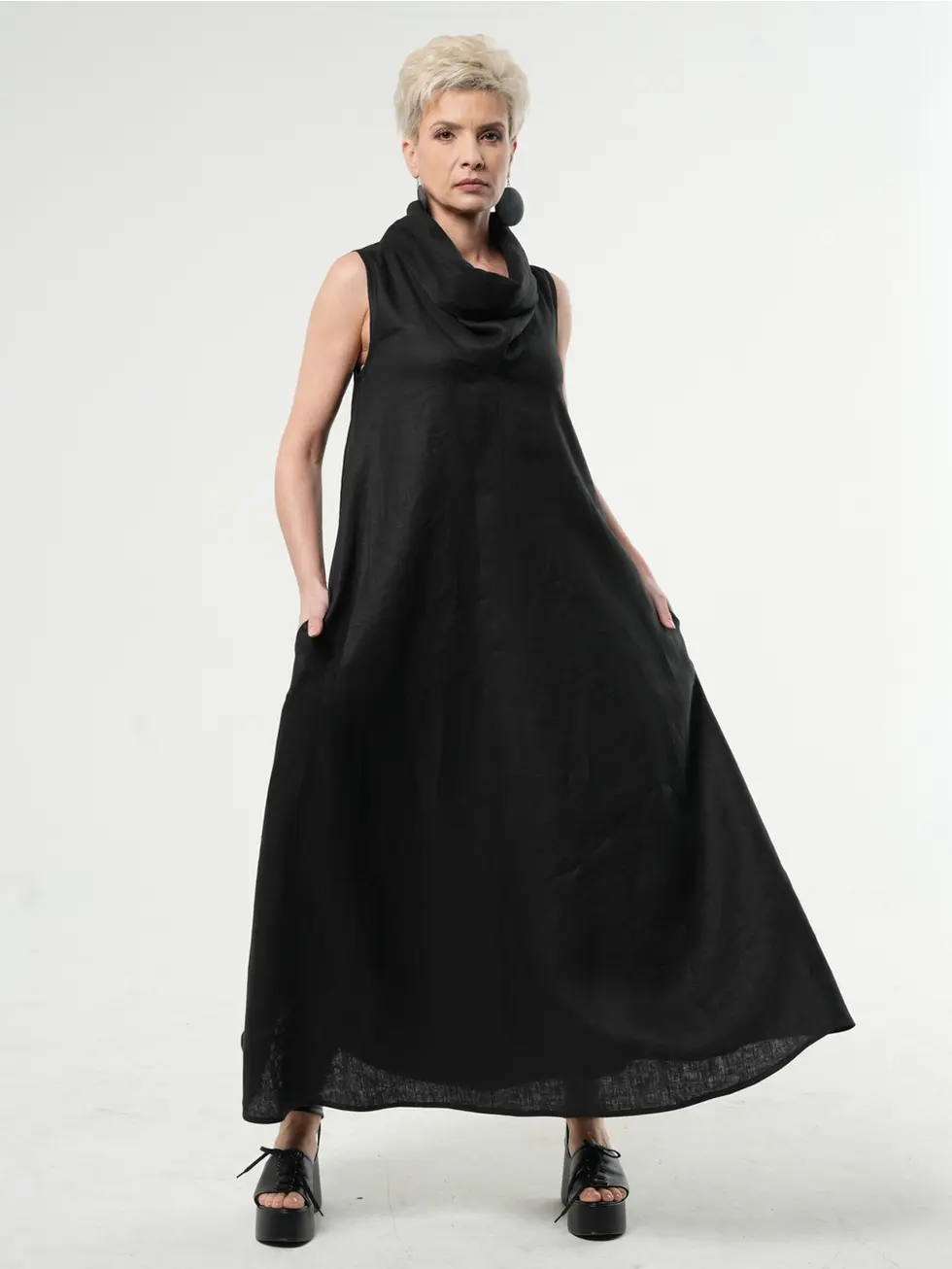 Metamorphoza Linen Dress with Large Collar - Black METD0233