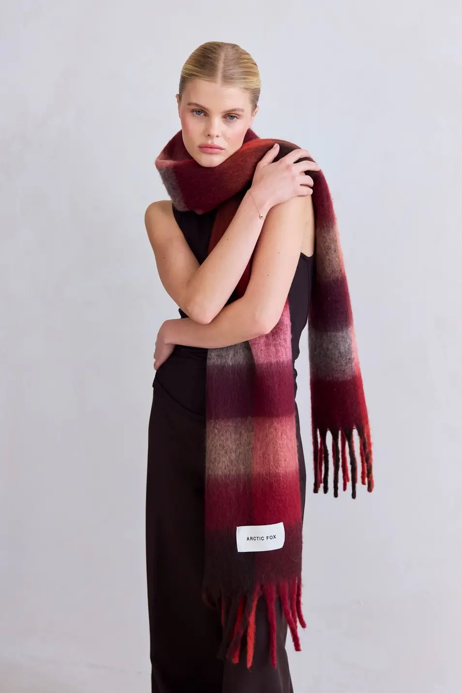 The Reykjavik Scarf - 100% Recycled - Burgundy check RJKSCFCRE007