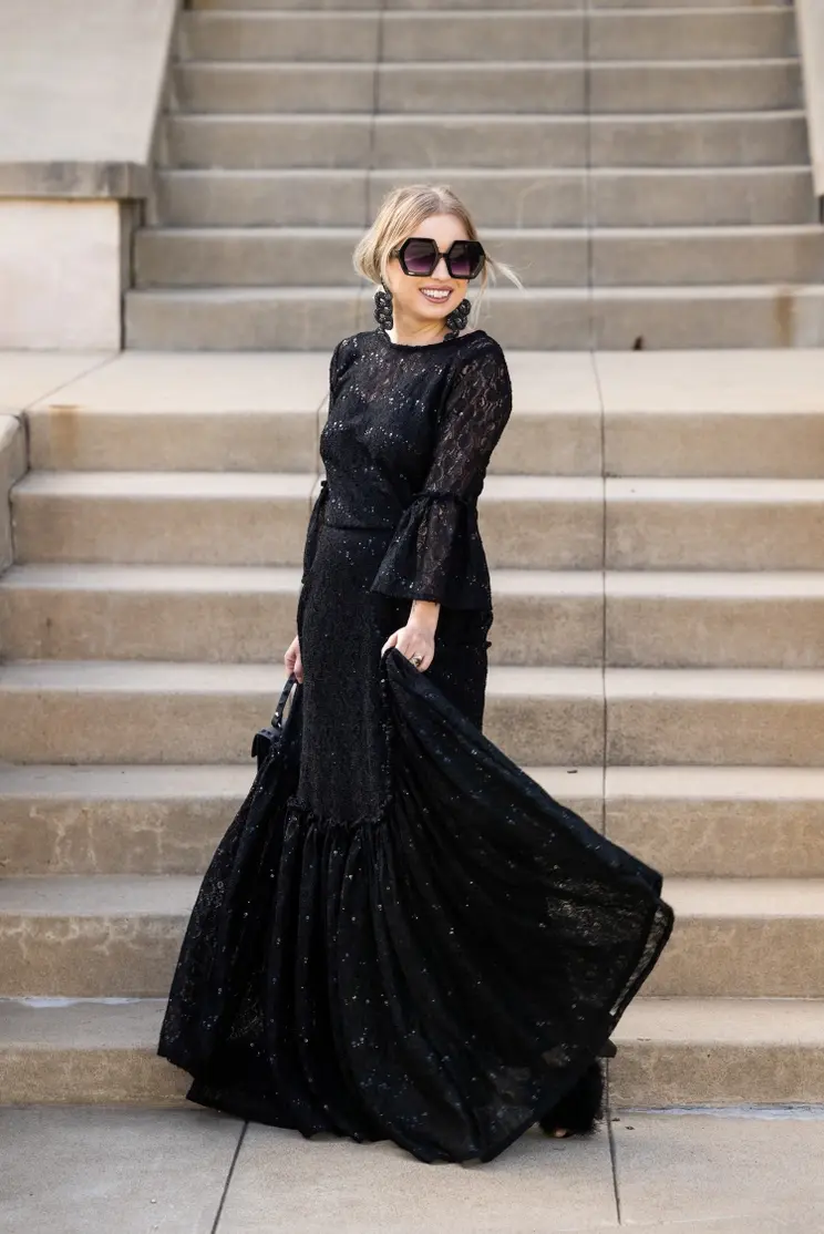 Jennafer Grace Sequin Lace Ruffle Dress - Black DRB0376