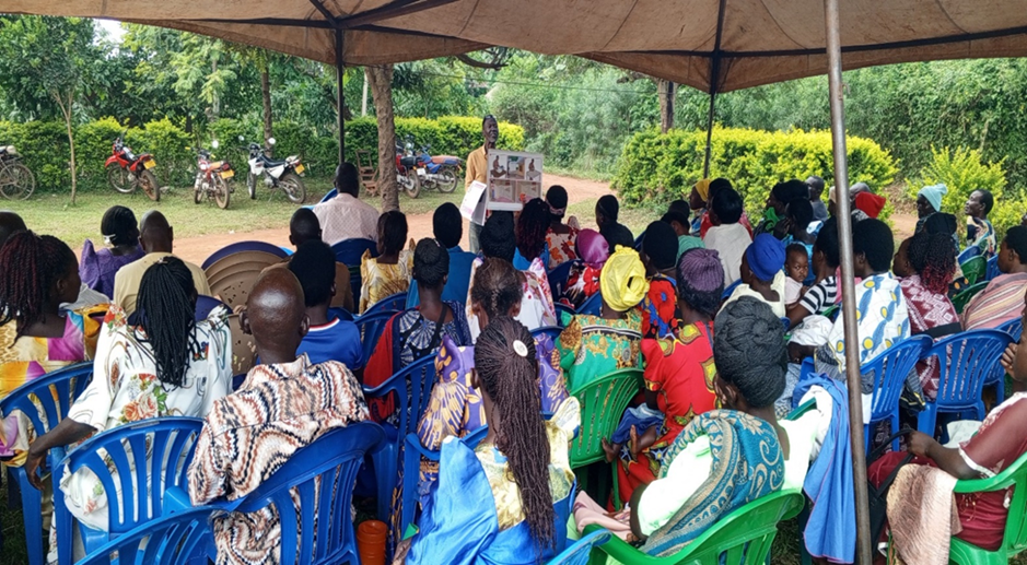 Participants engaging with malaria drivers during a community dialogue