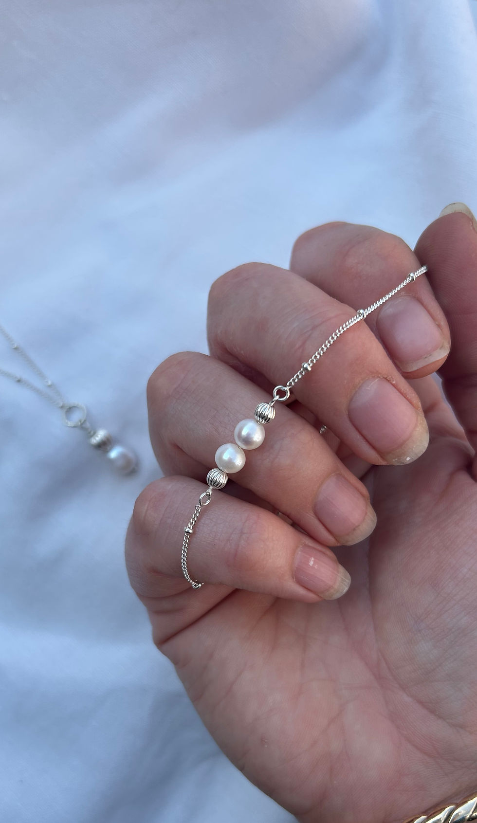 Thumbnail: MIA Rose bead and Pearl dainty bracelet. Sterling silver 