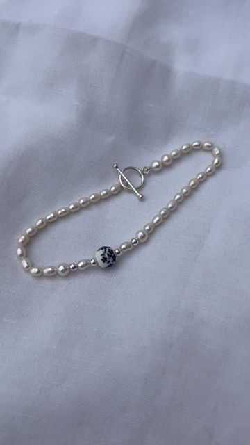 Thumbnail: Pearl and porcelain Anklet silver T- Bar fastener 