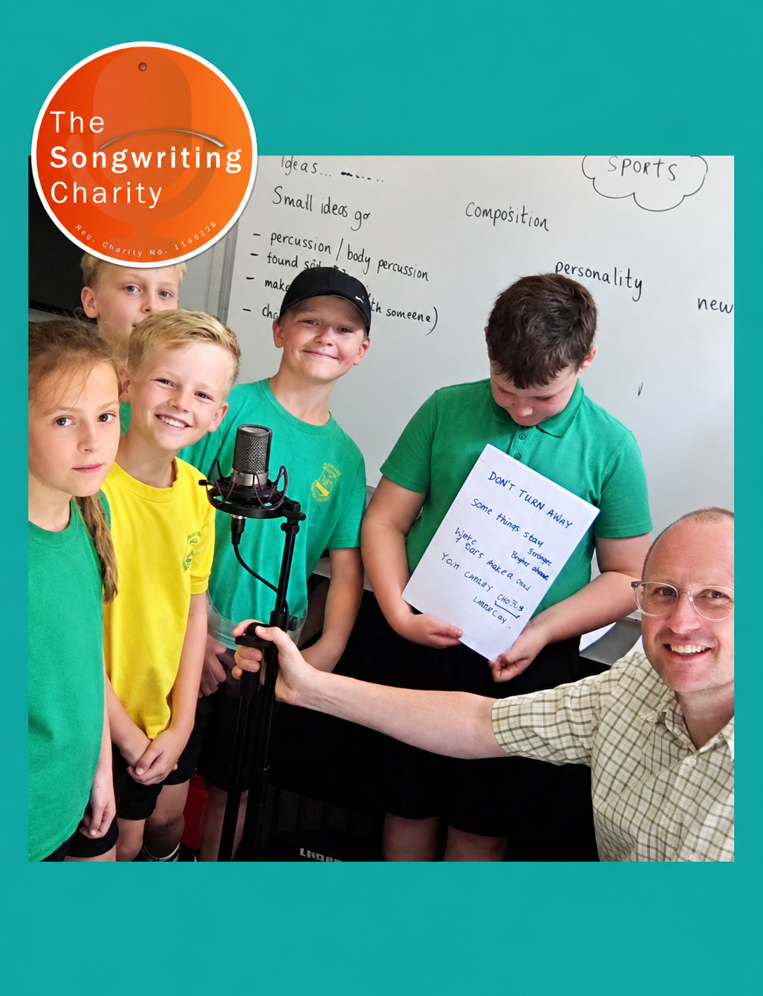 Children enjoying a songwriting workshop and growing in confidence as they do so.