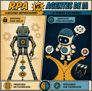 Ilustración estilo cómic de un robot RPA siguiendo un script fijo junto a un agente de IA analizando y decidiendo, representando la diferencia entre RPA y agentes de IA