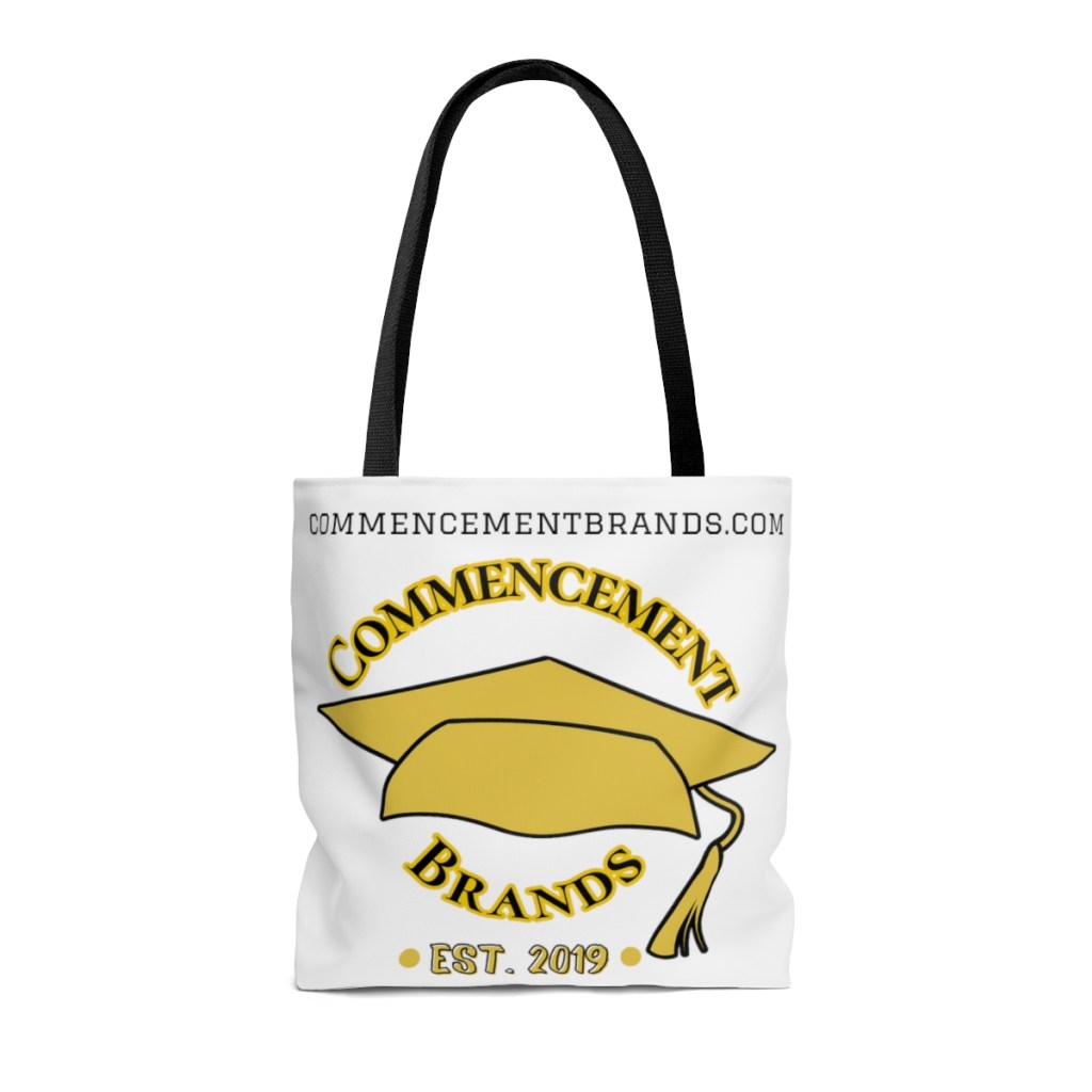 This Tote Bag comes in multiple sizes and features two different designs on each side to show off Commencement Brands black and gold flair.