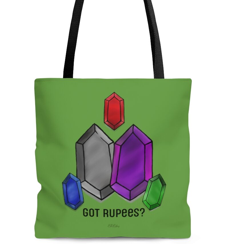 This design is an ode to the currency of the long standing Legend of Zelda Game series. Rupees are for the rich, well if 176 rupees is a lot. This tote bag is available in multiple sizes.
