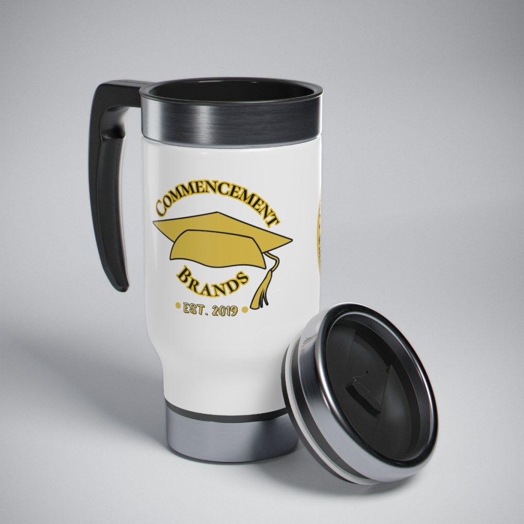 The Commencement Brands Stainless Steel Mug allows you to have your coffee, tea, hot cocoa at a temperature you can for longer. This design is two sided and features our signature black and gold flair.