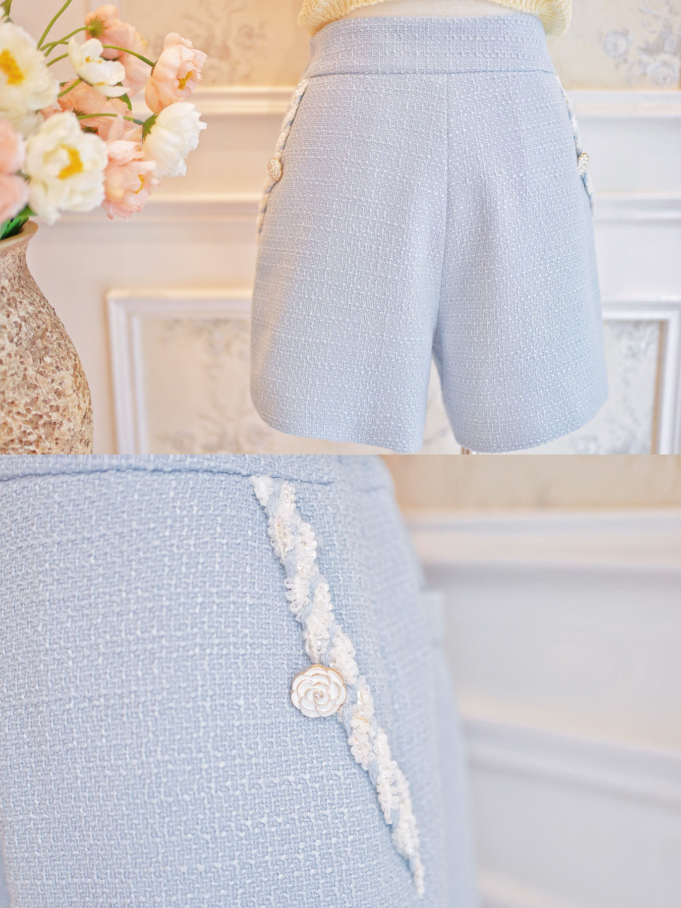 The Pastel Blue Trim Tweed Shorts