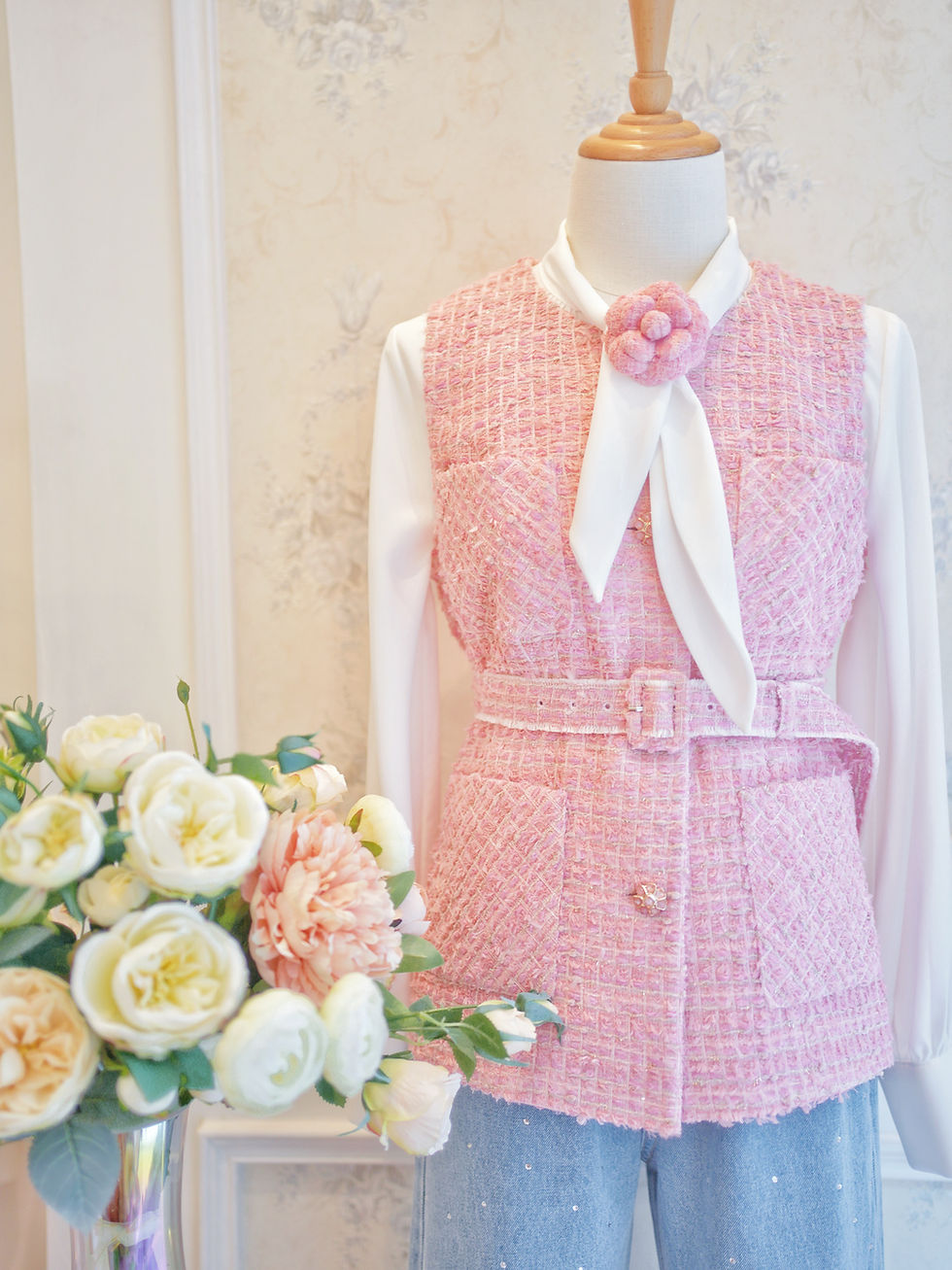 Thumbnail: The Candy Pink Tweed Vest with Belt
