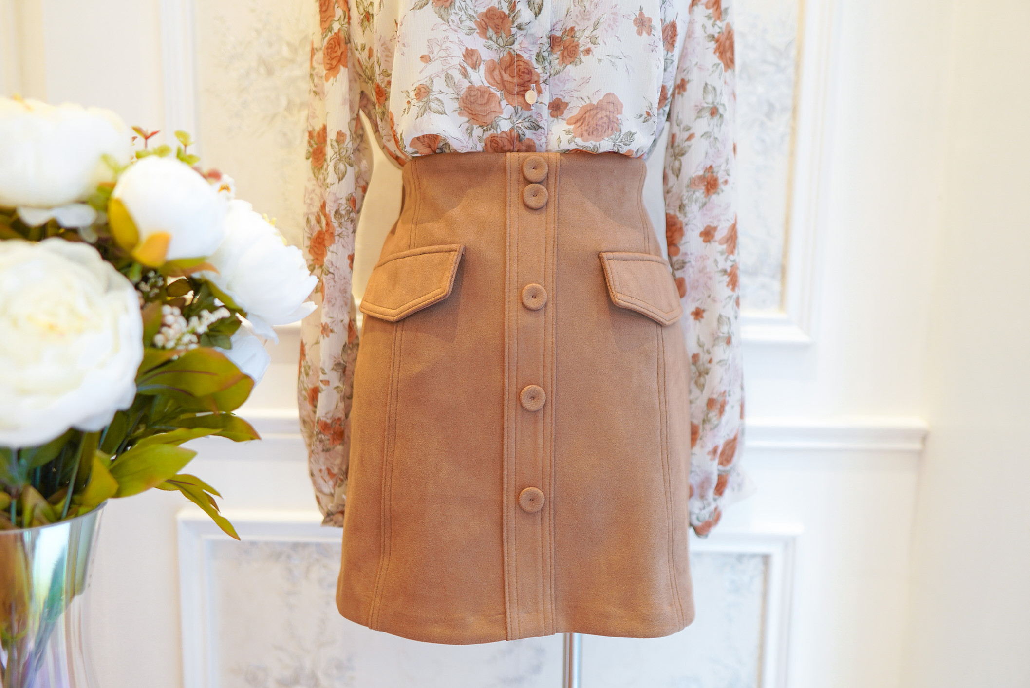 Suede A-line Maxi Knit Skirt with Button and Zipper