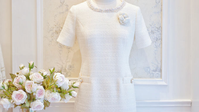 The Pastel Trimmed White Tweed Dress 