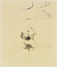 Roma Hałat, z cyklu „Epitafium dla poety” (4), 1976, tusz, ołówek na papierze przyklejonym do płyty pilśniowej, 82 x 70 cm