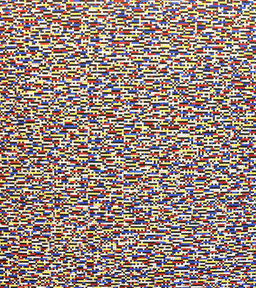 M. Szczypiński, z cyklu "Krzyżówki", 2019 r., olej, kolaż/płótno, 100 x 90 cm