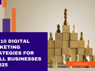 Banner showing 'Top 10 Digital Marketing Strategies for Small Businesses in 2025' with wooden block structures symbolizing business growth