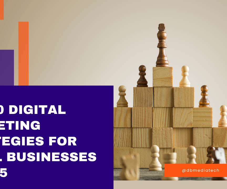 Banner showing 'Top 10 Digital Marketing Strategies for Small Businesses in 2025' with wooden block structures symbolizing business growth