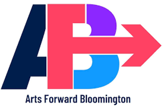 Logo for Arts Forward Bloomington. The A and B are combined with dark blue, pink, purple, and aqua colors. The B has a pink arrow going through the middle. Then, Arts Forward Bloomington is in small black text below.