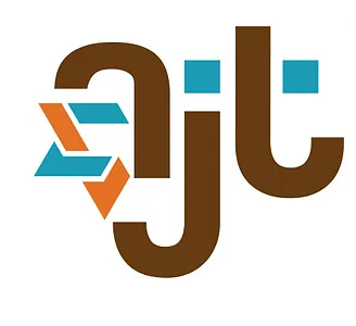 A logo for Alliance of Jewish Theatre. It has three Js in brown text. One is flipped upside down, another is written as normal, and one is mirrored. It also has orange and blue shapes to the left of the J's, as well as blue dots above some of the J's, making them lowercase.