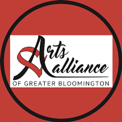 Logo for Arts Alliance of Greater Bloomington. Has a red background and a black circle in the middle, with the organization's name in black text. 