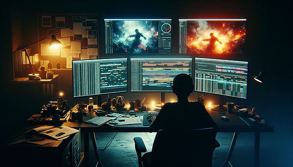DALL·E 2023-11-05 21.43.49 - An image of a VFX producer working late at night in a dimly l
