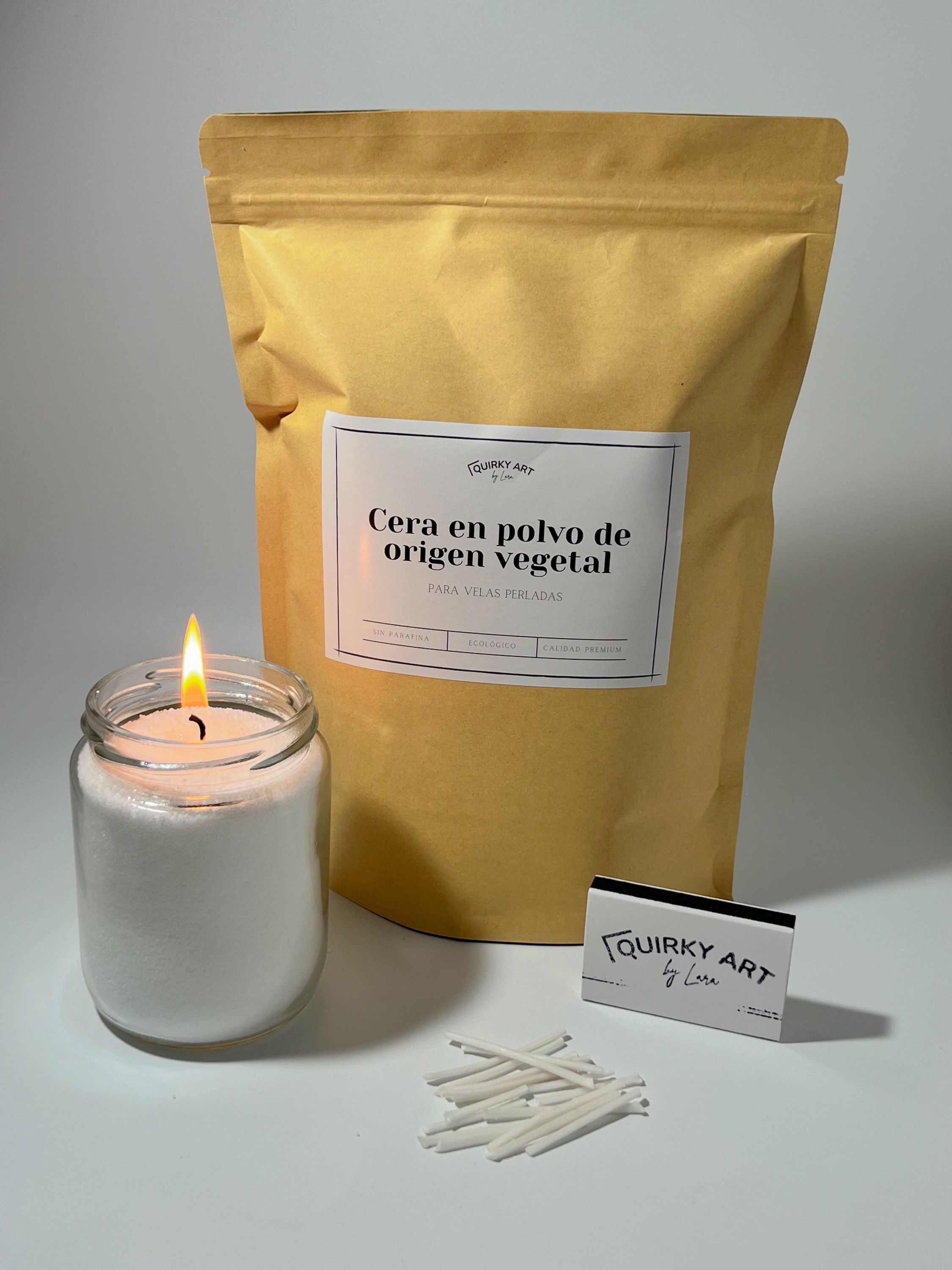 Cera de origen vegetal para velas perladas (500g) + 17 mechas + caja cerillas