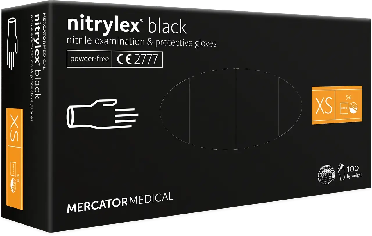 Рукавички нітрилові MERCATOR Nitrylex Black неопудренні XS, (100шт/пач), чорні