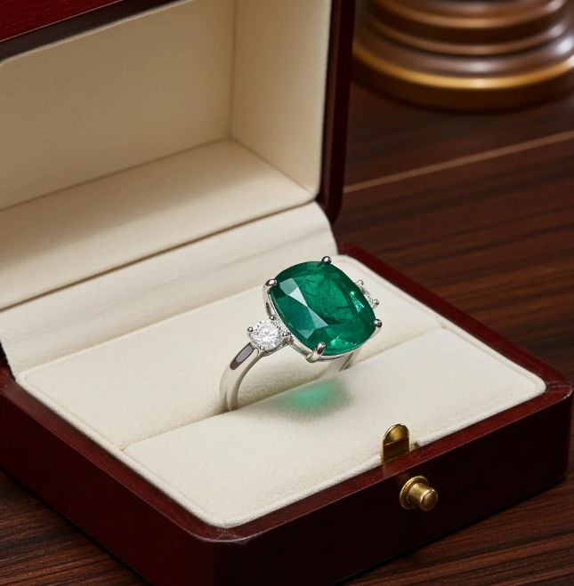 Miniatura: Anello trology in oro bianco e smeraldo 8.60 ct e diamanti naturali 0.70ct