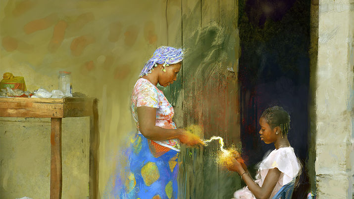 Digital figurative art of two women in a rural home.