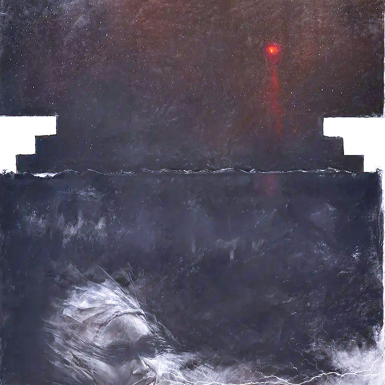 Abstract art with red dot above dark shapes, TYRONEGETER.COM