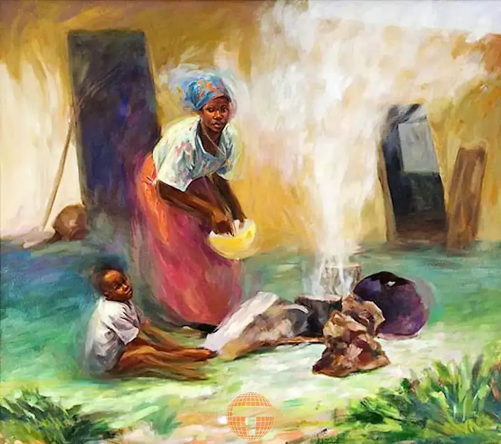 Painting of a woman washing clothes while a child sits nearby.