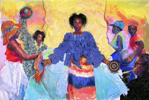 Expressive charcoal and pastel work depicting figures in spiritual motion