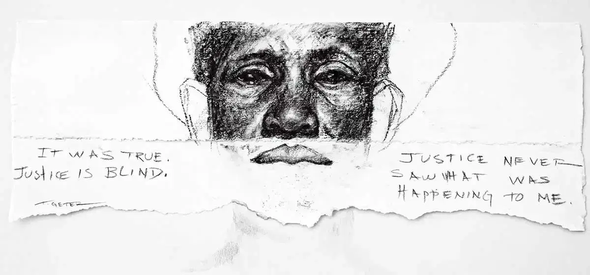 Justice social commentary art depicting a face with text.