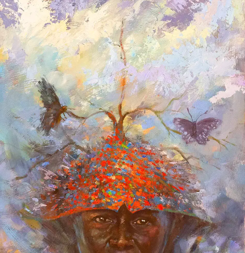 Painting of a tree with a face and birds; multi-colored background TYRONEGETER.COM