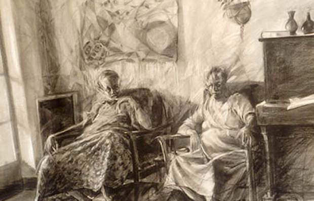 Sketch of two elderly figures sitting in armchairs.