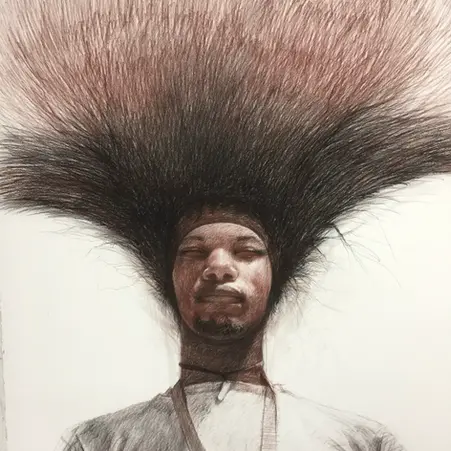 Mixed-media portrait titled Top Heavy combining charcoal, pastel, torn paper, and beer bottle caps.