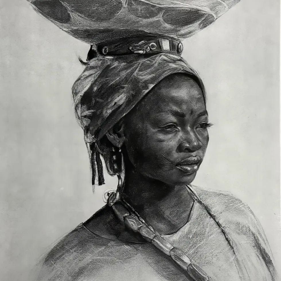 Black woman carrying basket on her head, portrait drawing, TYRONEGETER.COM.