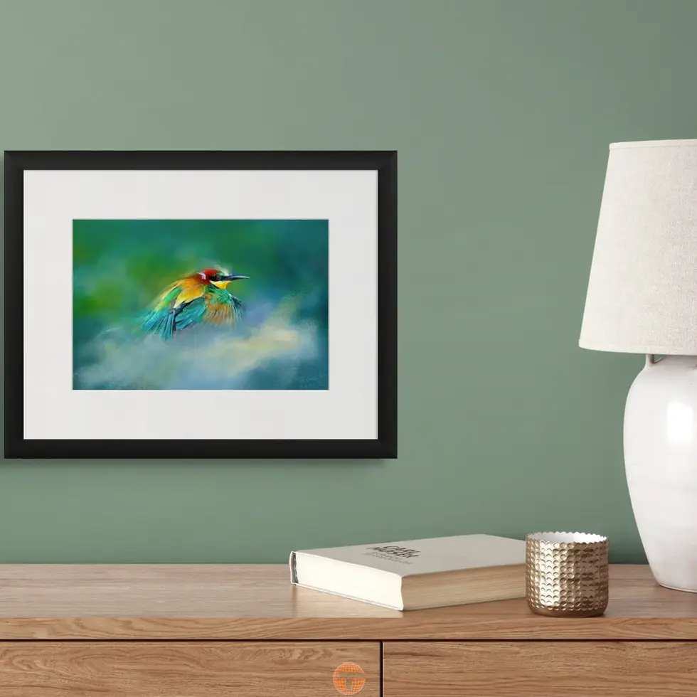 Painting framed hanging on wall, next to lamp and book. TYRONEGETER.COM.