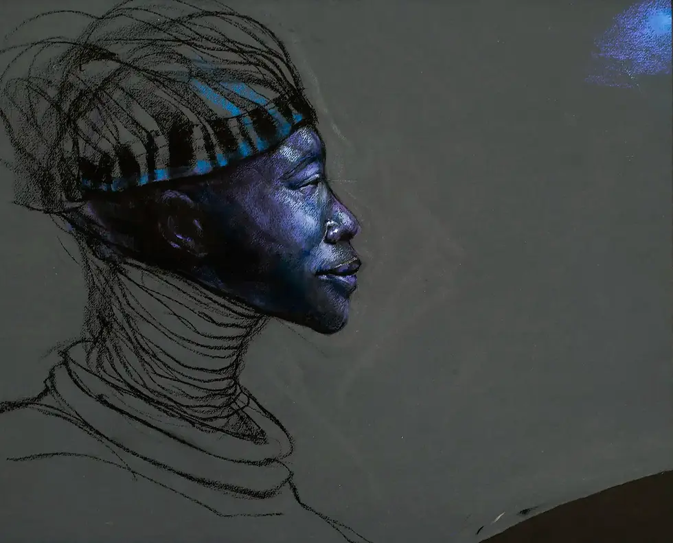 Profile of a Black man with blue skin, wearing a head wrap. TYRONEGETER.COM