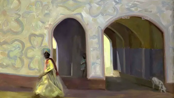 Impressionist painting of a figure near arched doorways