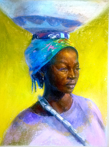 Meet Binta. This piece captures the quiet moment of contemplation before a long day, weighing the journey ahead on her shoulders with a gaze of resilient dignity and focus.