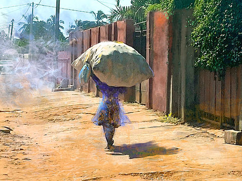 Digital figurative art of a person carrying a heavy sack.