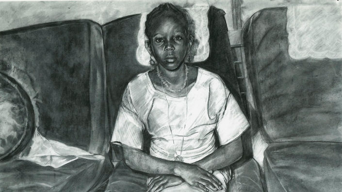 Sketch of a young African girl seated on a sofa.