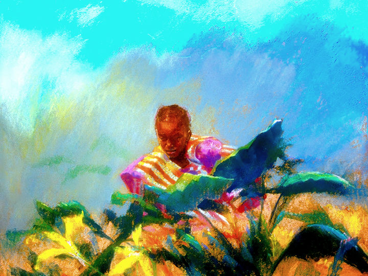 Portrait of a young girl from a settled Fulani family tending elephant ear plants.