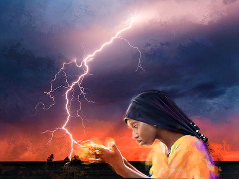Digital figurative art of a person summoning lightning.
